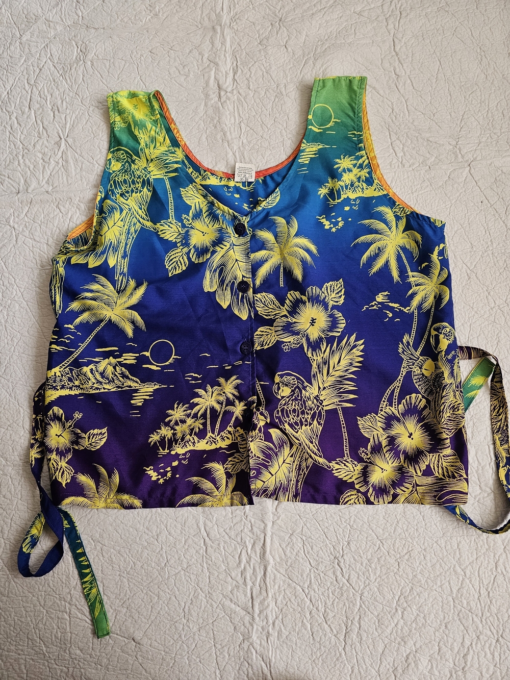Rima Imar Tropical Print Tank Top in Blue, Yellow & Coral Trim